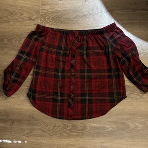 Ambiance Plaid off shoulder blouse